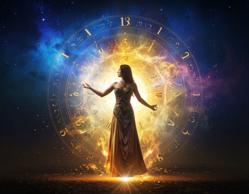 a vibrant scene of a person standing at the center of a luminous mandala of numbers a 466204